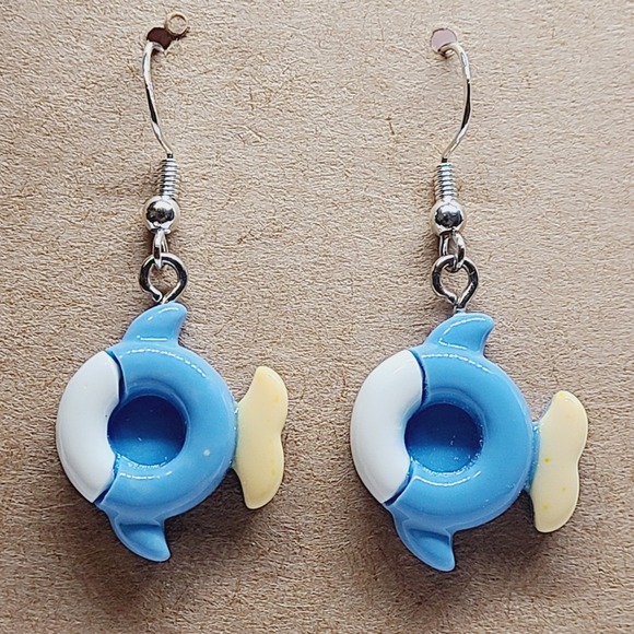 Handmade Jewelry - Blue Dolphin Life Ring Resin Drop Earrings Silver Tone Hooks Ocean Theme Kawaii